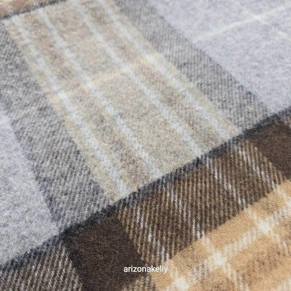 NWOT Bronte By Moon Merino Wool Wrap Plaid Tan Brown & Grey